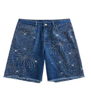 2026 New Fashion Streetwear Custom Summer OEM Vintage Wash Jorts <b>Men</b> <b>Jeans</b> Shorts with Rhinestones Denim Shorts - Product Image 4