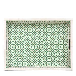 Bandeja de Madera Artesanal con Incrustaciones Geométricas Verdes, Elegante Organizador Decorativo para Cocina y Mesa de Centro - Product Image 1