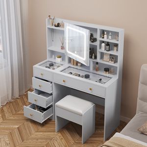 Comò in truciolato scanalato rivestito in triammina con piano in vetro temperato, 5 cassetti, ripiani, ganci e specchio integrato - Product Image 3