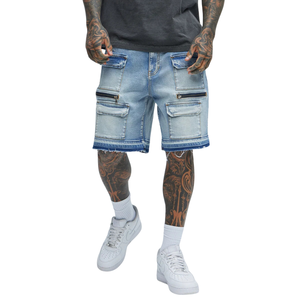Pantalones Cortos Cargo de Mezclilla para Hombre, Lavado Claro, Ajuste Relajado, Múltiples Bolsillos, Estilo Casual de Verano, Bajo sin Rematar, Bolsillos Utilitarios, Estilo Urbano - Product Image 1