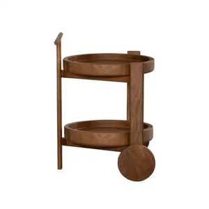Chariot de bar rond à 2 niveaux en bois massif, chariot de service mobile pour boissons, chariot de rangement moderne en bois pour le thé avec grandes roues - Product Image 1
