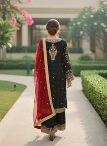Salwar Kameez noir élégant brodé avec dupatta rouge – Tenue de soirée ethnique pakistanaise et indienne de luxe pour femme - Product Image 3