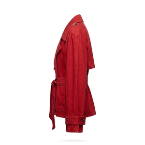 Gabardina vaquera roja vintage para mujer con cinturón para atar, cuello con botones y mangas largas - Product Image 2