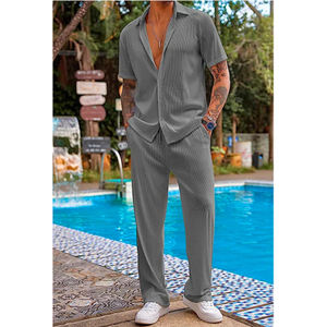 Conjunto coordinado de hombre con ribetes, conjunto de ropa de resort para hombre, conjunto a juego gris, conjunto coordinado de verano para hombre, conjunto de dos piezas para hombre - Product Image 2