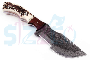 Magnifique couteau tracker artisanal en acier Damas avec manche en bois de cerf - Couteau de chasse et de survie à lame fixe - Étui de transport horizontal - Product Image 2
