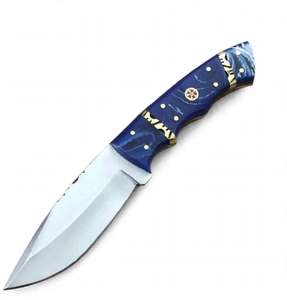 Herramienta utilitaria de hoja fija de alta resistencia, acero satinado, punta en forma de gota, resina azul cobalto con efecto espiral. - Product Image 3