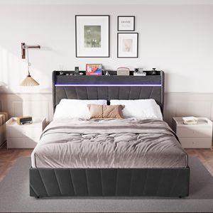 โครงเตียงควีนไซส์แบบมีพนักพิงหุ้มเบาะ พร้อมไฟ LED และแท่นชาร์จ  โครงเตียงยกเก็บของได้  พร้อมแผ่นรองรับไม้ระแนง - Product Image 1