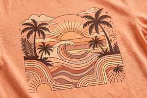 Camiseta de Jersey con Estampado de Palmeras al Atardecer para Mujer, Cuello Redondo Color Durazno, Manga Corta, Transpirable, Informal, para Verano - Product Image 6