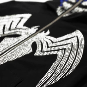 Sweat à capuche zippé intégral en tricot pour homme, 100 % coton épais, avec strass, logo personnalisé, sans cordon, coupe classique, motif tête de mort en strass - Product Image 4