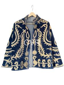 Manteau en velours pour femmes grandes tailles, col mandarin, manches longues, motif floral brodé à la main, vêtements d'extérieur décontractés d'hiver - Product Image 2