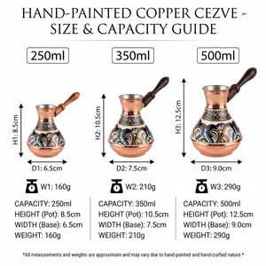 Cezve Turca Redonda de Cobre Pintada a Mano con Esmalte Colorido, Diseño Floral de Arte Folclórico Griego Briki, con Asa de Madera Tallada - Product Image 6