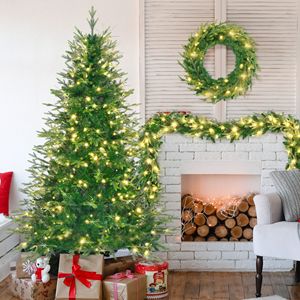 6FT Pre-Lit Aspen Fir Christmas <b>Tree</b> with Wreath Garland 380 Multi-Color LED <b>Lights</b> Christmas <b>Tree</b> in Grass Green - Product Image 1