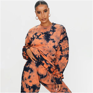 Ensemble de survêtement tie-dye pour femme, manches longues, col rond, coupe ample, décontracté, dégradé orange et noir, 100 % coton, style printemps - Product Image 6