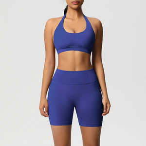 Wholesale Women’s 2-Piece Gym <b>Set</b> Adjustable Strap Sports Bra and Mid Waist Shorts Solid Front Seamless Quick Dry Workout - Product Image 2