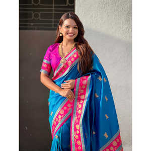 Sari Azul de Seda Suave Pichwai, Tejido Tradicional con Zari, Ropa India y Pakistaní, 600g Elite Weaves - Product Image 5