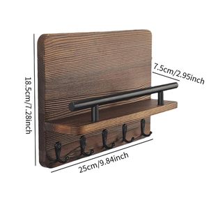 Perchero de pared de madera rústica con 4 ganchos y estante, organizador para entrada de 25x18.5x7.5cm - Product Image 5