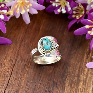 Bague ajustable en argent sterling 925 avec pierre précieuse turquoise bleue naturelle, gravée, bijou artisanal de haute qualité - Product Image 4