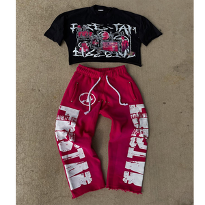 Apliques de angustia de doble cintura DTG estampado algodón peso pesado francés Terry hombres Jogger pantalones Vintage Sun Faded Flare Sweat Pant - Product Image 2