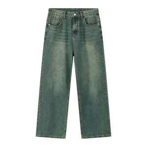Jeans pour hommes en denim délavé à l'acide, coupe large, décontracté, vintage, de haute qualité, avec logo personnalisé, couleur unie, pour l'été - Product Image 4
