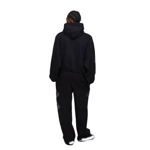 Sweat à capuche noir pour homme orné de strass et pantalon assorti, ensemble de survêtement, vêtements en gros OEM ODM - Product Image 2