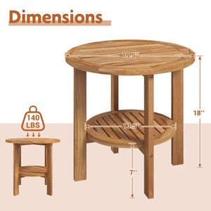 Outdoor Teak Wood <b>Round</b> <b>Side</b> <b>Table</b> with Slatted Storage Shelf Patio End <b>Table</b> - Product Image 4