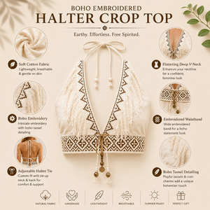 Haut court brodé à bretelles |   Haut sans manches en coton style bohème à franges et col en V profond pour femme – Idéal pour l'été, les festivals, la plage et les tenues hippies - Product Image 5