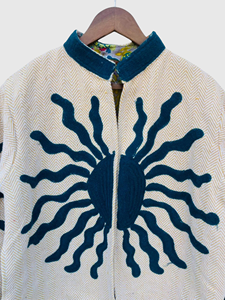 Veste géométrique brodée à la main, col mandarin, manches longues, coton, style boxy pour femme, printemps - Product Image 2