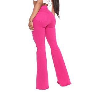 High Waisted Pink Flare Pants Ripped Distressed Wide Leg Casual Men's <b>Jeans</b> Summer Style <b>Button</b> <b>Fly</b> Spandex Polyester - Product Image 3