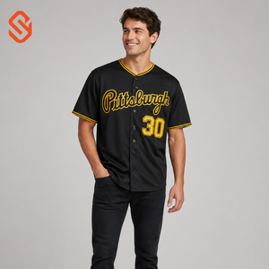 Camiseta de béisbol para hombre de Pittsburgh, camiseta negra con estampado amarillo, botones en la parte delantera, manga corta, poliéster, ajuste regular, top deportivo para equipo - Product Image 1