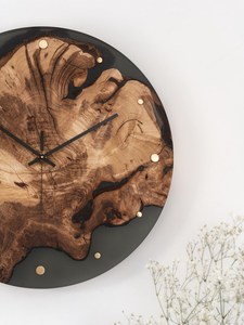 <b>Black</b> Epoxy & Olive Wood <b>Wall</b> <b>Clock</b>: Handmade Silent Art Decor - Product Image 3
