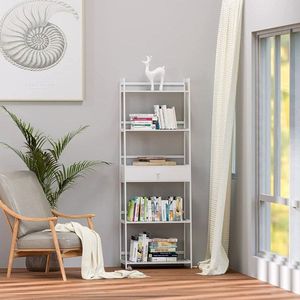 WTZ 5-Tier Tall Bookcase Modern Open Bookcase in White BC-239 Ladder <b>Shelf</b> Drawers for <b>Bedroom</b> Living Room Office-Bookshelf - Product Image 3