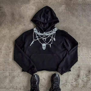 Sudadera con capucha para hombre, estilo gótico, con calavera y cadena de diamantes de imitación, 2026, Streetwear, negra, corte holgado, con gráfico de joyería Heavy Metal y brillo. - Product Image 1