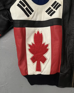 Vintage Multi Flag Leather Bomber Jacket 90s Hip Hop Streetwear Oversized Black Leather Bomber <b>Coat</b> OEM Style - Product Image 3