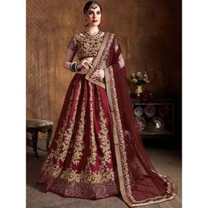 Conjunto de Lehenga Choli de Seda con Bordado Dori Color Granate para Bodas, Talla Grande - Product Image 1
