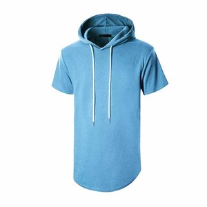 Men's Casual Sports Athletic Embroidered Customizable Solid Blue <b>Short</b> <b>Sleeve</b> Pullover <b>Hoodie</b> Curved Hem Streetwear Autumn - Product Image 2