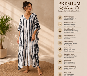Black <b>White</b> Tie Dye Eco-Friendly Cotton Kaftan <b>Maxi</b> Dress V Neck Modern Bohemian Party Wear Kimono Robe - Product Image 5