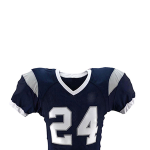 Ensemble d'uniformes de football américain personnalisés pour hommes, maillot bleu marine avec numéro 24 blanc et pantalon blanc, col en V, manches courtes - Product Image 3