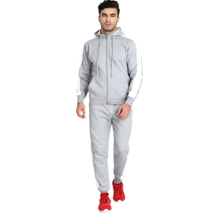 Ensemble de survêtement pour homme à capuche gris, manches longues, fermeture éclair, pantalon de jogging décontracté avec poches latérales, mélange respirant de polyester et de coton - Product Image 1