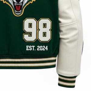 Green And <b>White</b> Varsity <b>Jacket</b> Men's Regular Fit Turn-down Collar Single Breasted Embroidered Logo Front Autumn Wear - Product Image 6