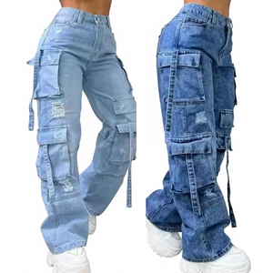 Pantalones Cargo de Cintura Alta para Hombre, Color Azul Claro, con Múltiples Bolsillos, Estilo Workwear, Lavado a la Piedra, para Verano - Product Image 4