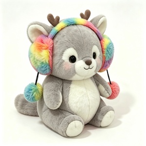 Peluche de ciervo gris esponjoso personalizado, orejeras de peluche con diseño de arcoíris pastel, orejeras de peluche de ciervo con arcoíris, orejeras de peluche de ciervo con pompones. - Product Image 5