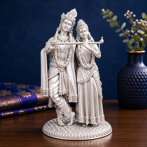 Idole de Radha Krishna plaquée argent 999 de Jaipur Metals |   100% Laiton |   Statue de divinité hindoue |   10,5x7x16cm |   560g |   Pooja de déménagement - Product Image 1