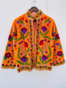 Veste bohème en velours brodé 100% coton, col mandarin, manches longues, motif floral, coupe ample, toutes saisons, broderie à la main - Product Image 1