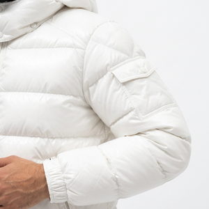 Men's <b>White</b> Hooded <b>Puffer</b> <b>Jacket</b> Breathable Fleece Lining Zipper Closure Windproof Casual Winter Regular Length Solid Color - Product Image 5