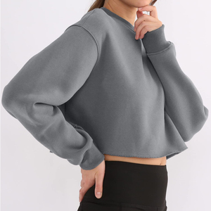 Sudadera Corta Verde para Mujer, Cuello Redondo, Corte Holgado, Manga Larga, Color Sólido, Tejido de Algodón, para Primavera/Verano - Product Image 5