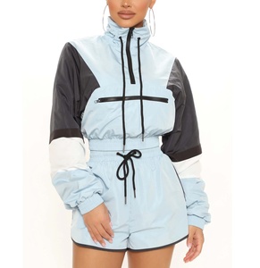 Light Blue Color Blocking Quarter-Zip Crop Top With Shorts <b>Set</b> Sporty Style Quick Dry <b>Knitted</b> Polyester Summer Wear - Product Image 5