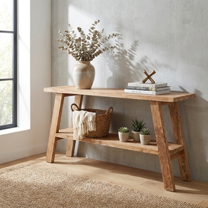 <b>Rustic</b> Solid Wood Console <b>Table</b> 2 Tier Bottom Shelf <b>Wooden</b> Entryway Hallway Side <b>Table</b> Natural Timber Living Room Home Furniture - Product Image 4