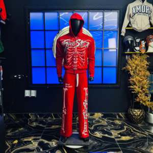 Five Star Men's Red Hooded Winter Acid Wash Full Length Zipper Streetwear Sweatshirt Pants Set Printed Letter Design Regular Fit - Product Image 1