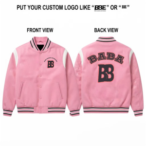 <b>Pink</b> Varsity <b>Jacket</b> Unisex Preppy Style Embroidered BB Logo Stand Collar Regular Sleeve <b>Waterproof</b> PU Winter Wear Zipper Closure - Product Image 1