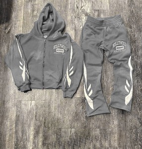 Survêtements de sport pour hommes, logo personnalisé, 100% coton, imprimé uni, streetwear, pantalon évasé à capuche, ensemble 2 pièces - Product Image 3